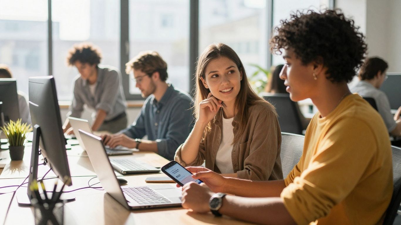 Business team in modern office with smartphone notification.