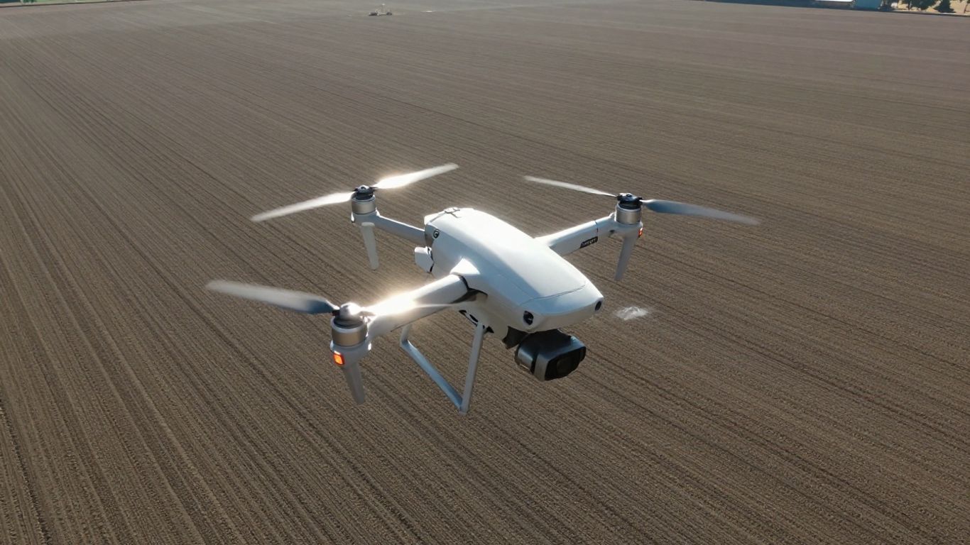 Drone surveying a precisely graded agricultural field.