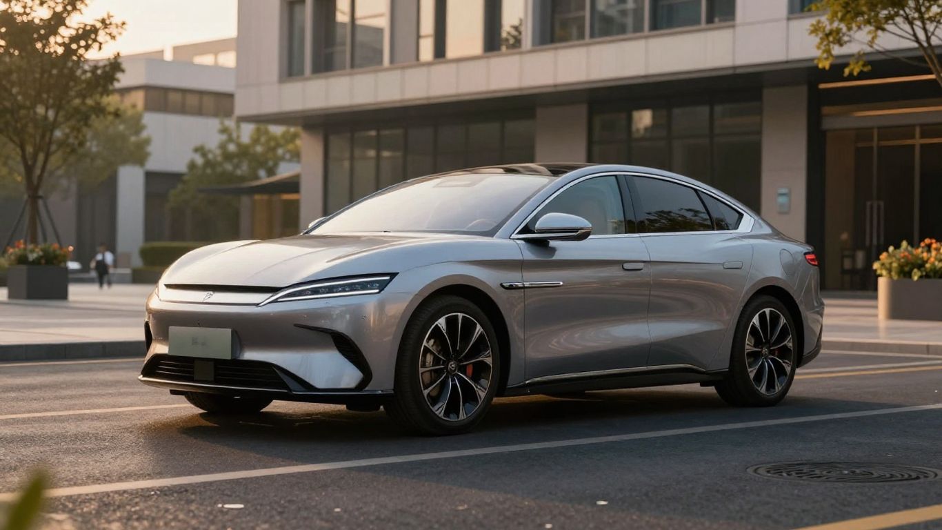 Sleek electric sedan parked on city street