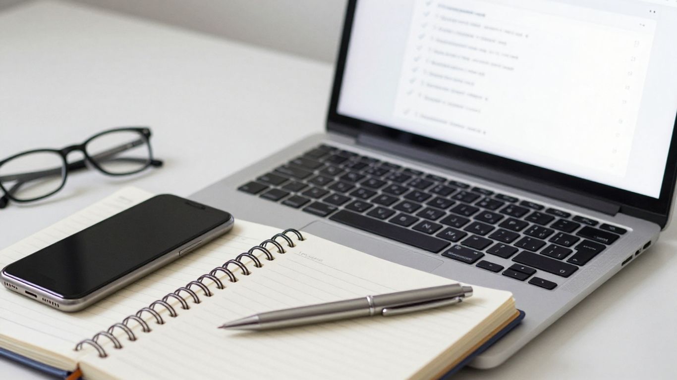 Affiliate marketing checklist and tools on a desk.