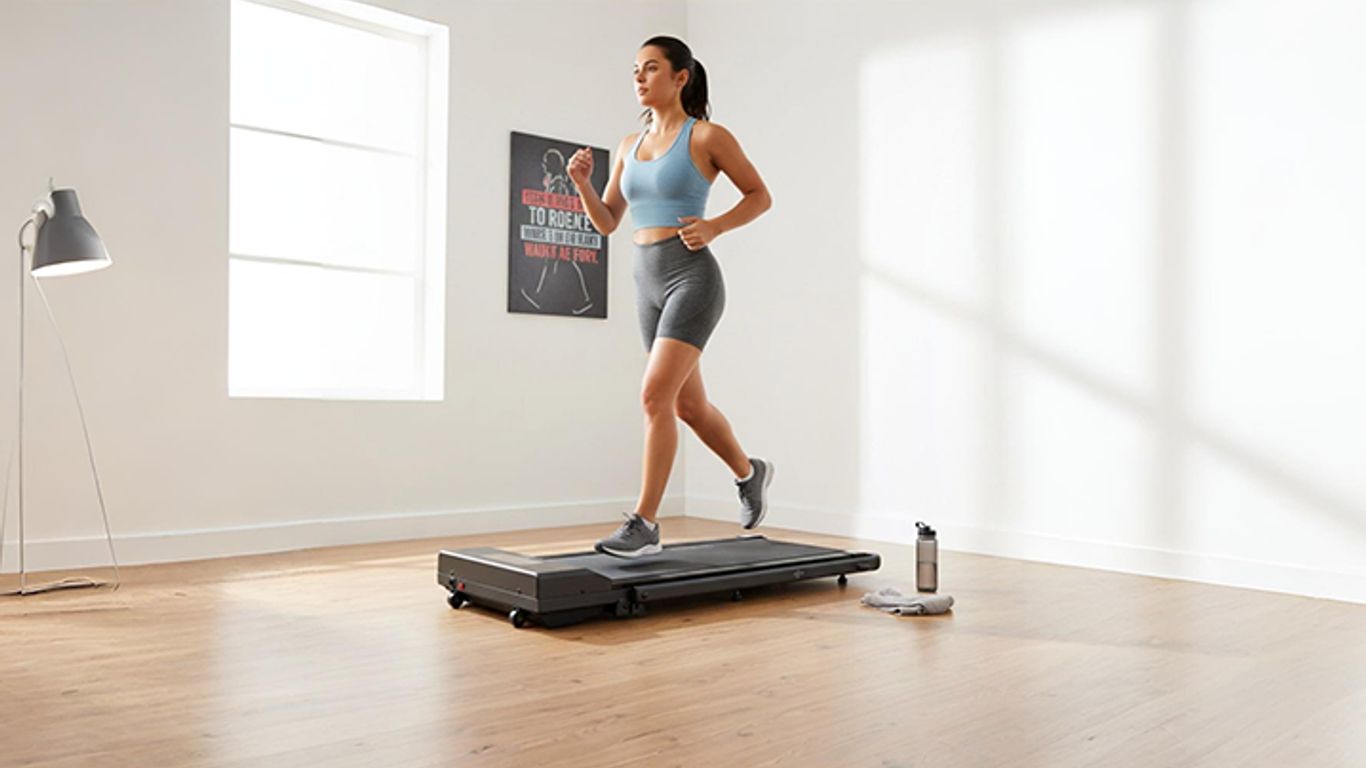 A person runs on a compact treadmill in a bright room.