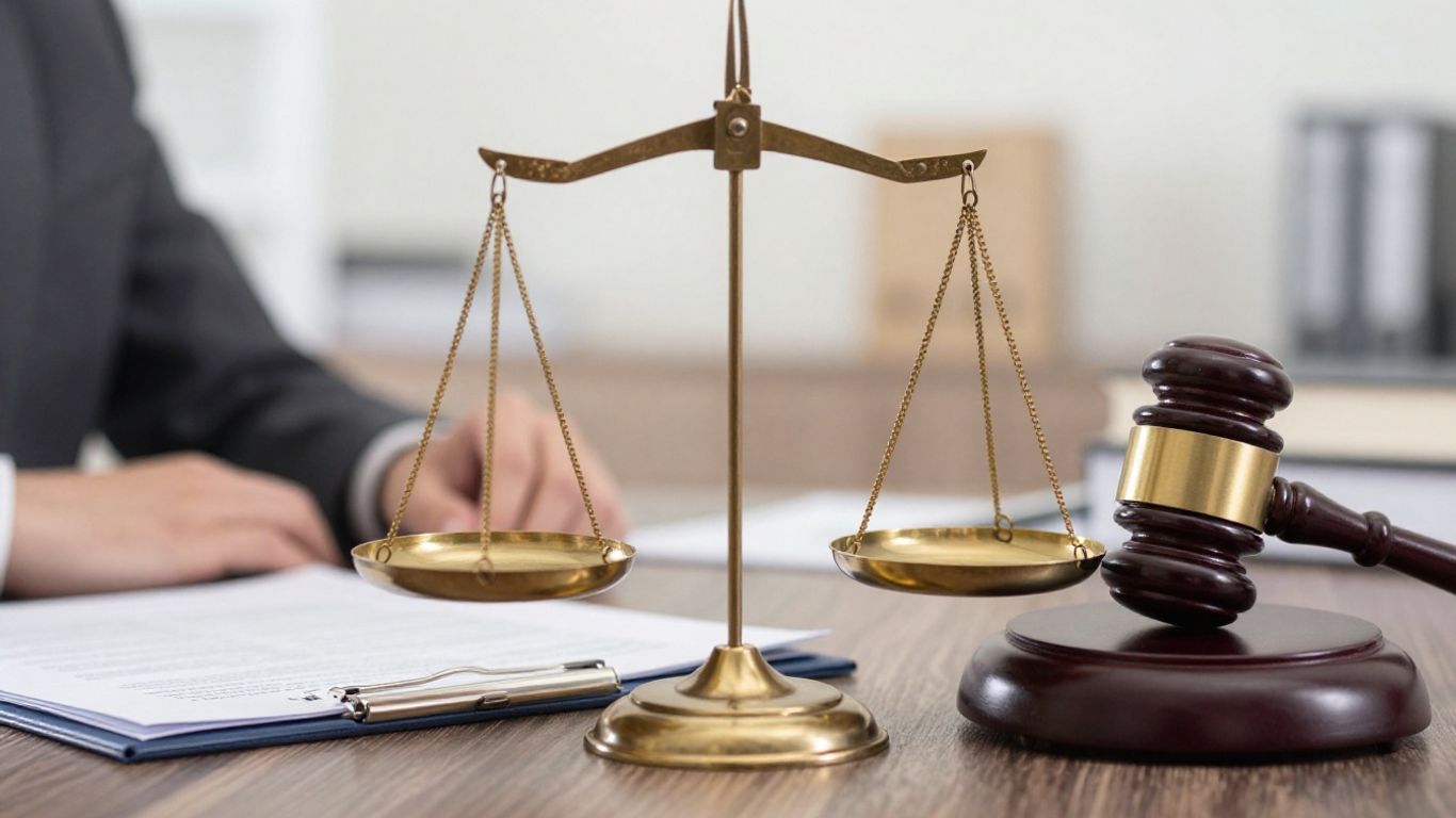 Balanza de justicia con documentos de seguros y mazo.