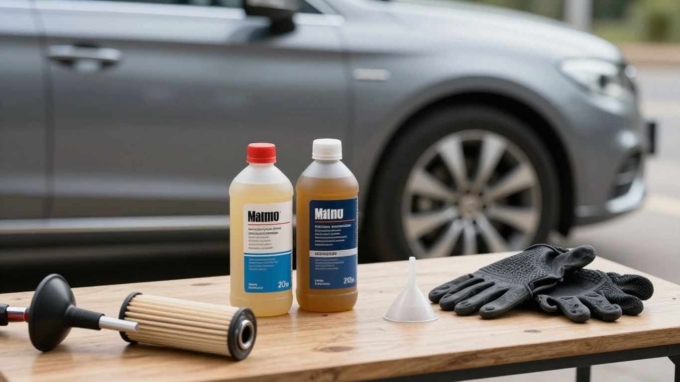 Engine oil bottles and filter beside a Mercedes vehicle