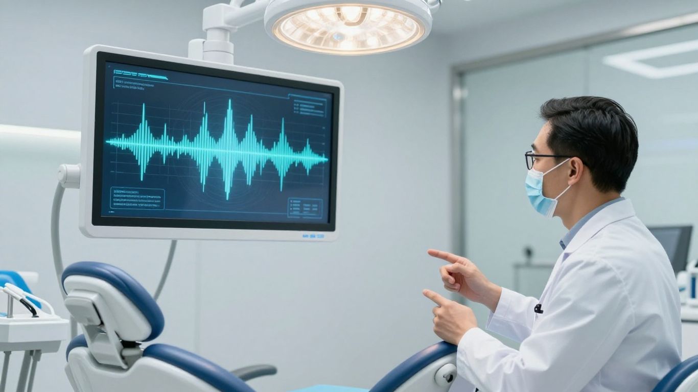 Dentist and patient using voice AI in a clinic.