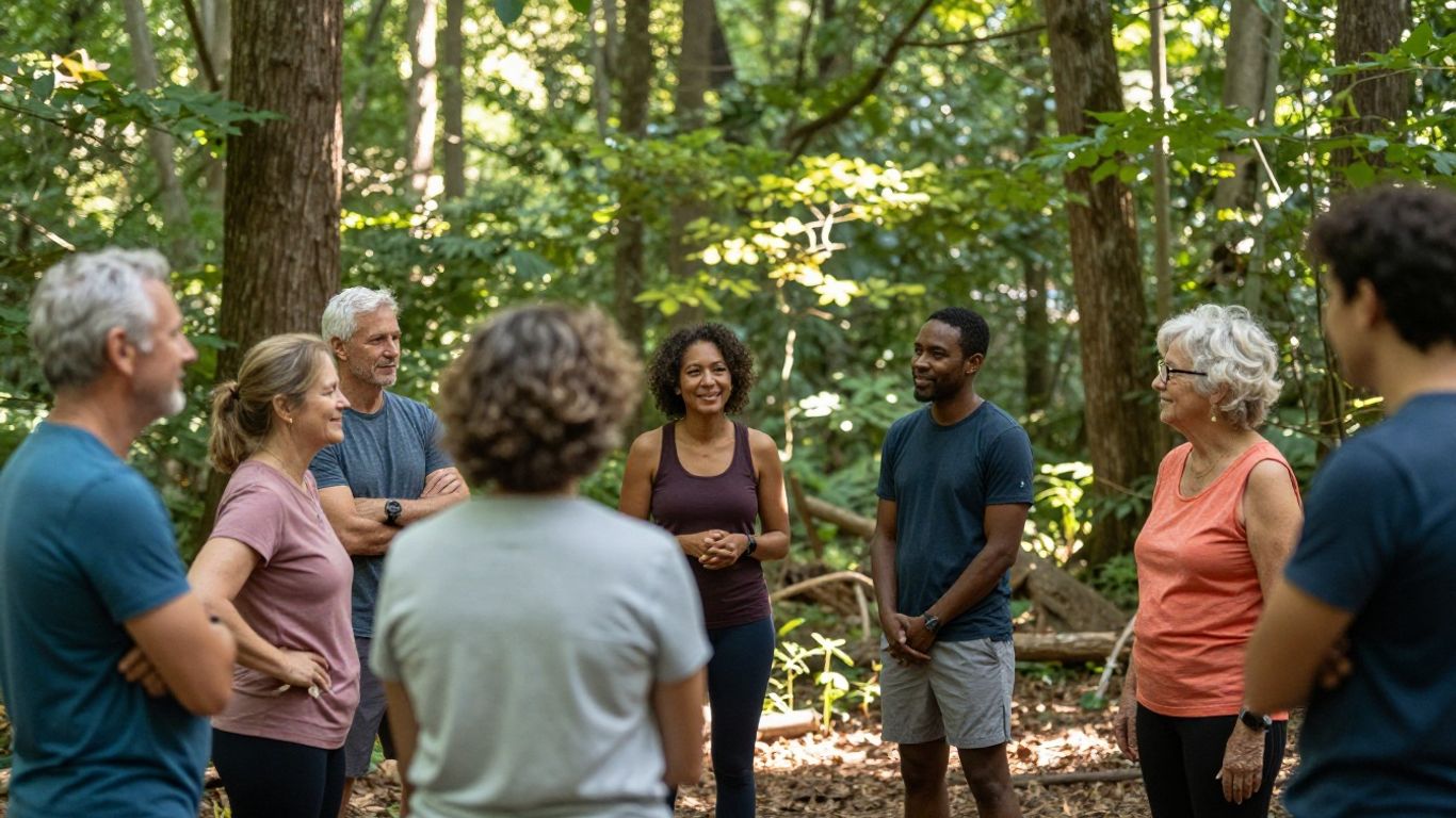 People enjoying nature therapy outdoors, connecting and being active.