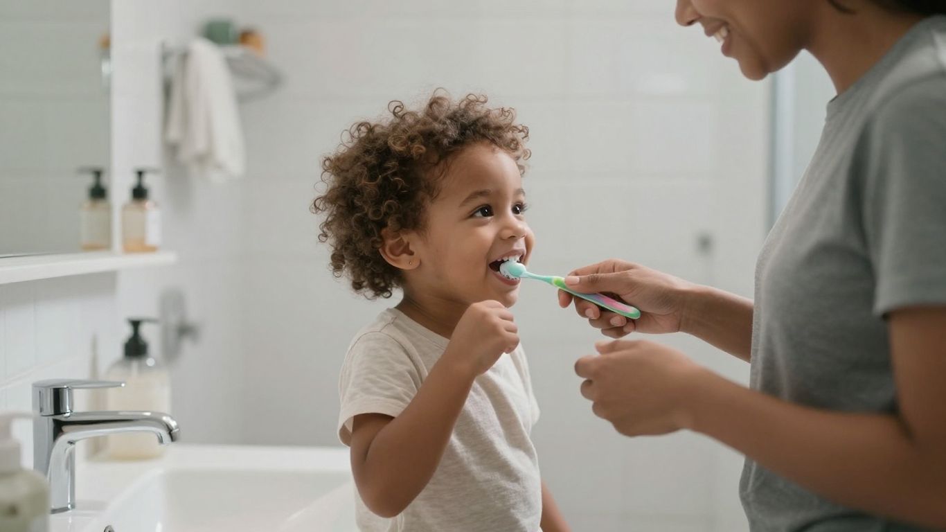 Child learning to brush teeth with parental help.