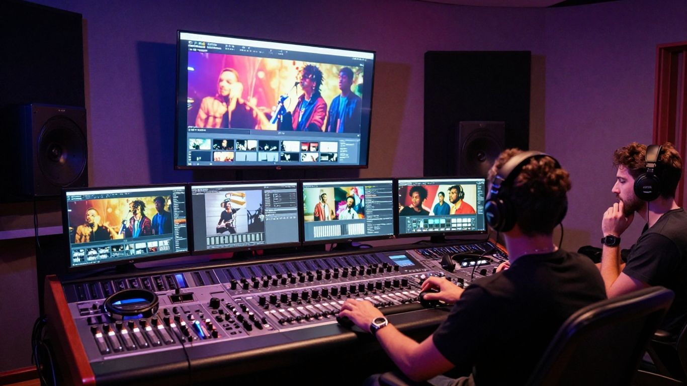 Moody recording studio with AI video screens