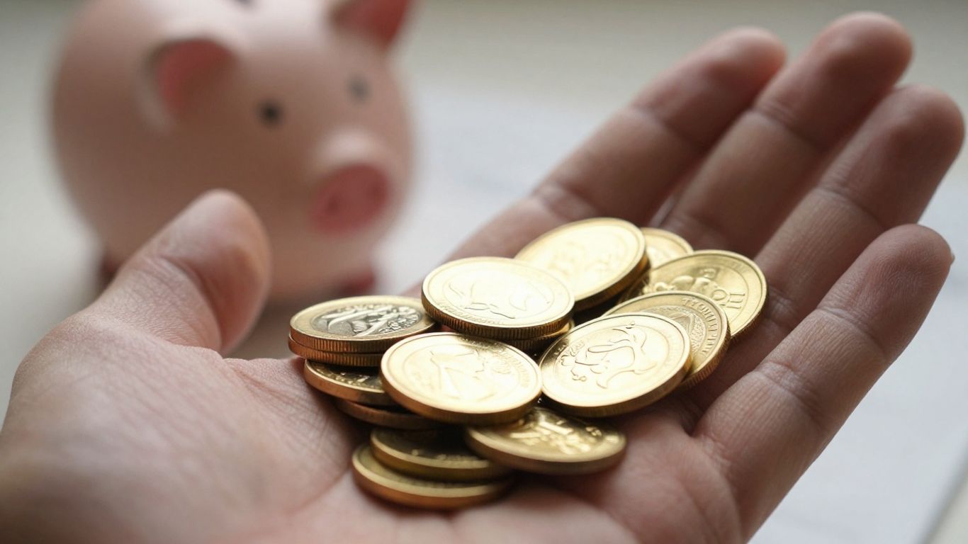 Main d'or tenant des pièces d'or près d'une tirelire.