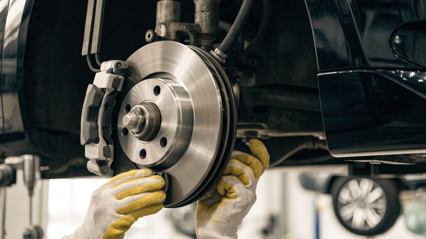Front brake caliper and rotor during careful service
