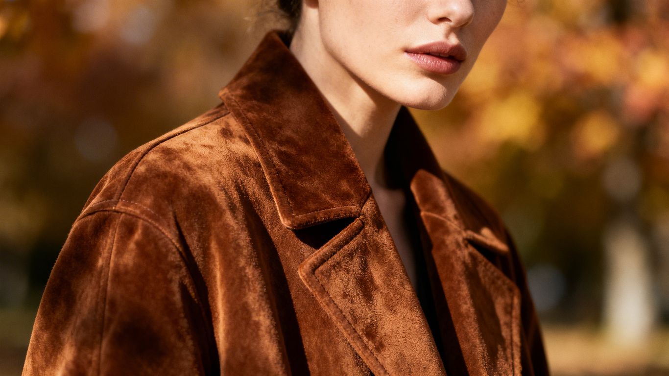 Brown suede coat in autumn setting.
