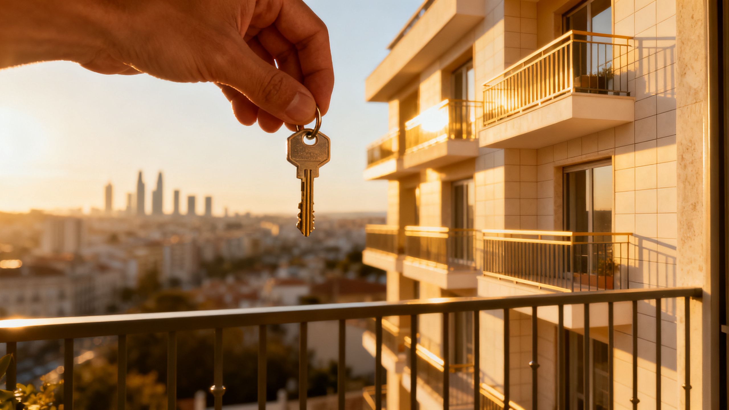 Modern Portuguese apartment building with a key, symbolizing housing market changes.