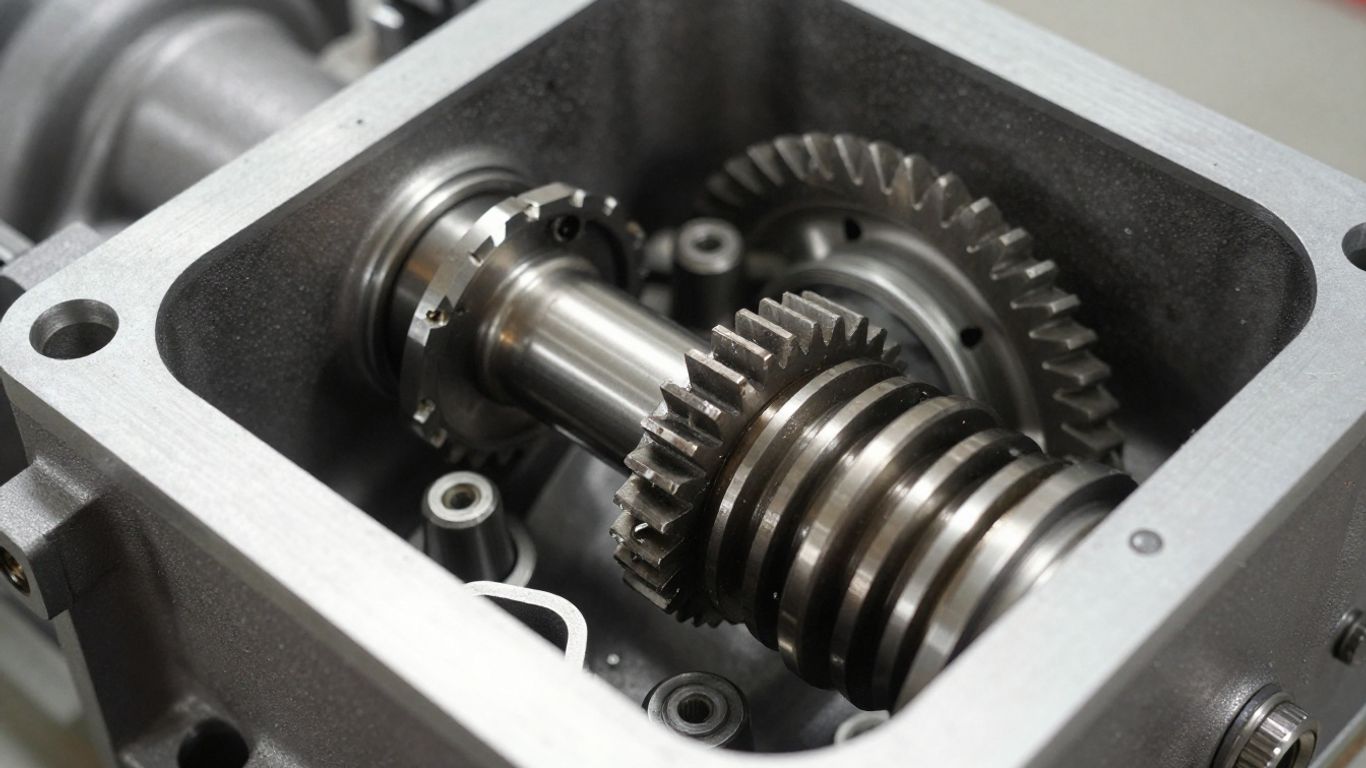 Automotive gearbox with visible internal gears.