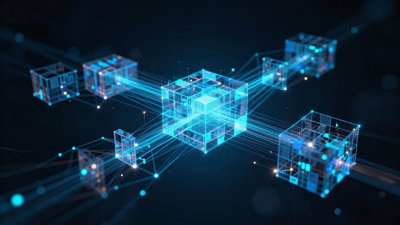 Abstract glowing network of interconnected digital blocks.