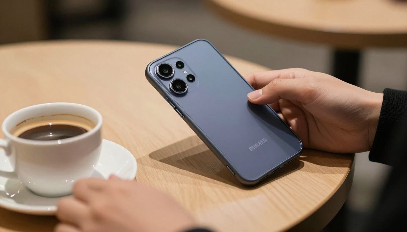 A person in a cafe carefully putting their Samsung Galaxy S25 Edge with a sleek case onto the table next to a coffee cup.