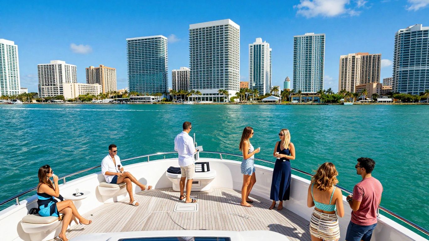 Luxury yacht rental in Miami with guests enjoying the ocean.