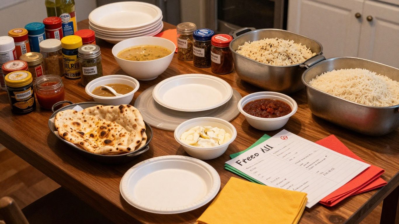 Indian party planning table with serving dishes