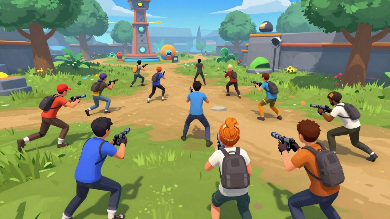 Diverse gamers interacting in a vibrant, action-packed virtual world.