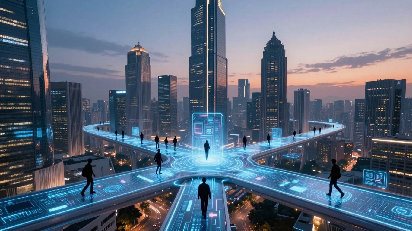 Futuristic city with digital pathways and people.