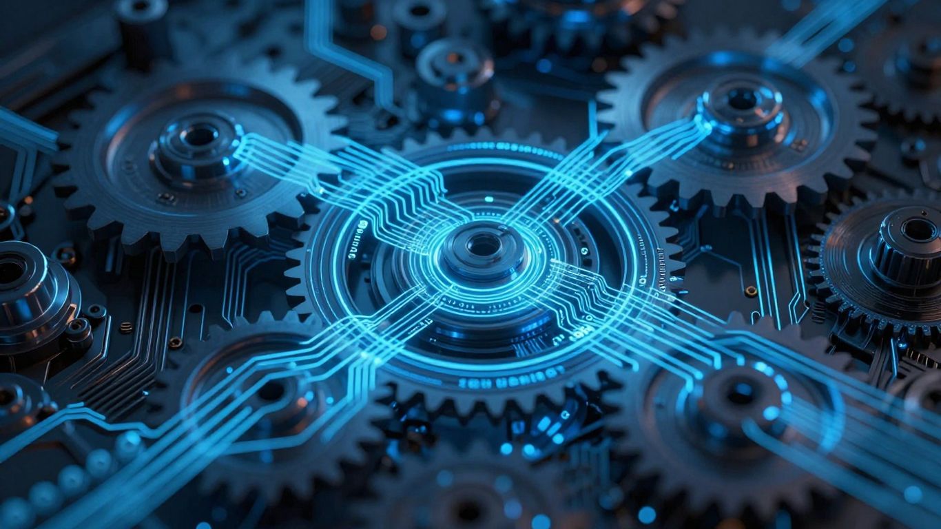 Interconnected digital gears and circuits with flowing code.