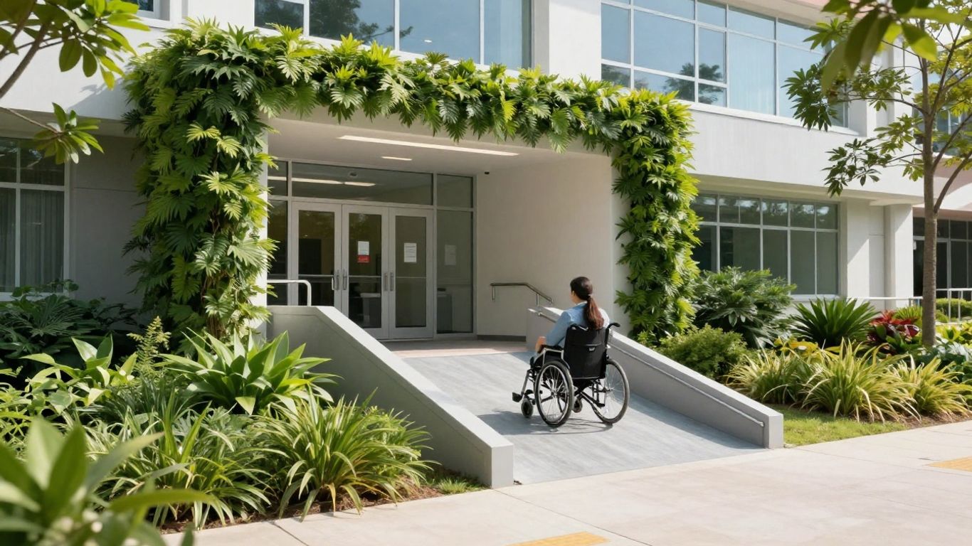 Accessible healthcare entrance with ramp and automatic doors.