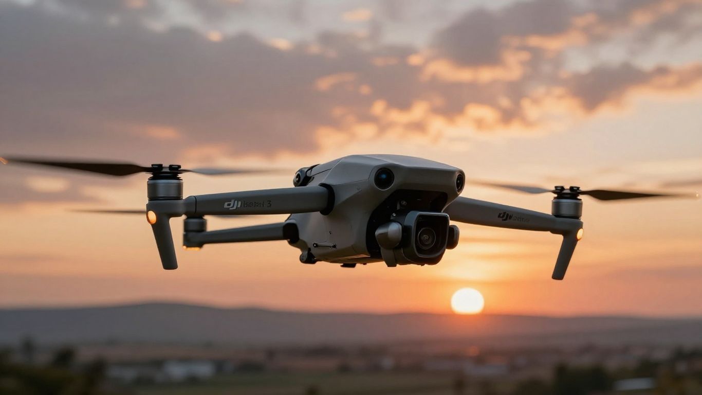 DJI Inspire 3 drone capturing aerial photography at sunset.