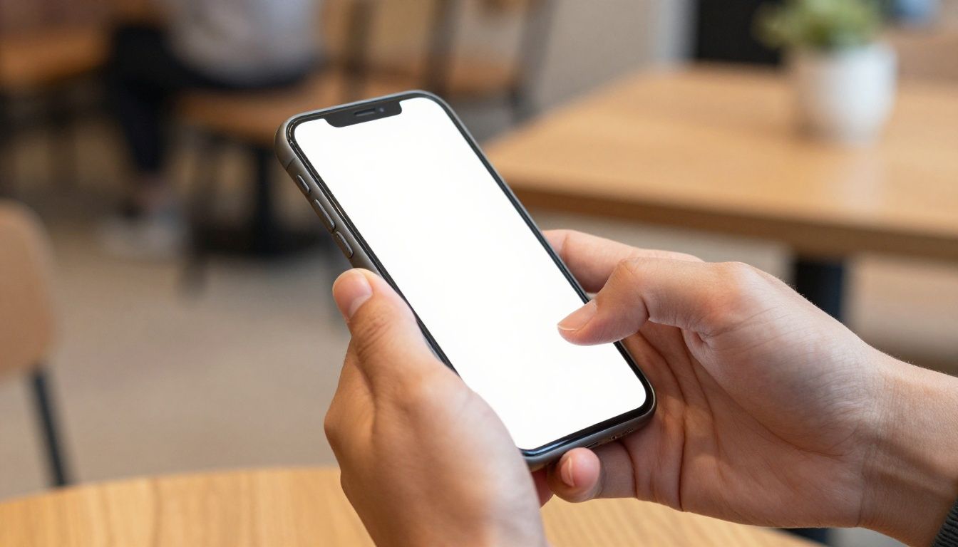 A person's hands holding a generic smartphone in a simple, clear case, with a blurred background of a typical Australian cafe setting.
