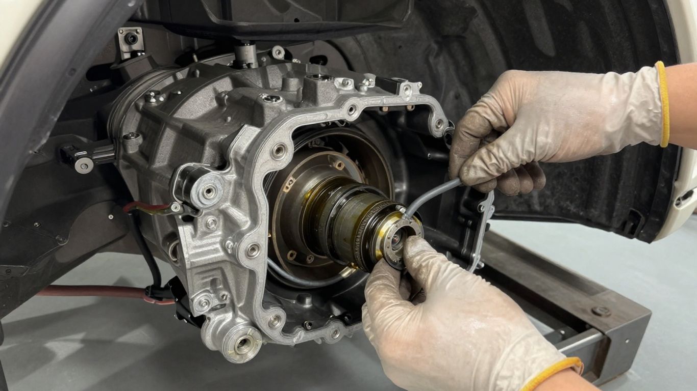 Mechanic examining gearbox components beneath vehicle