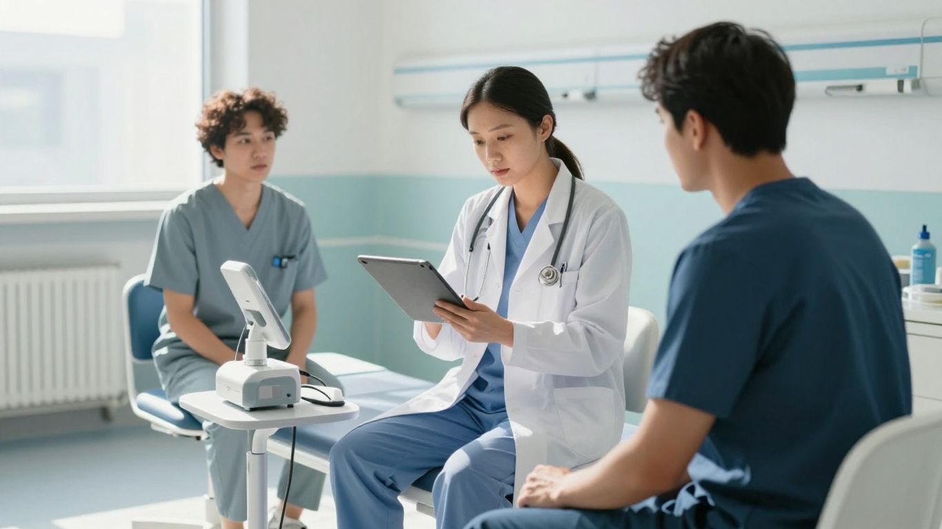 Médico e paciente em sala moderna.