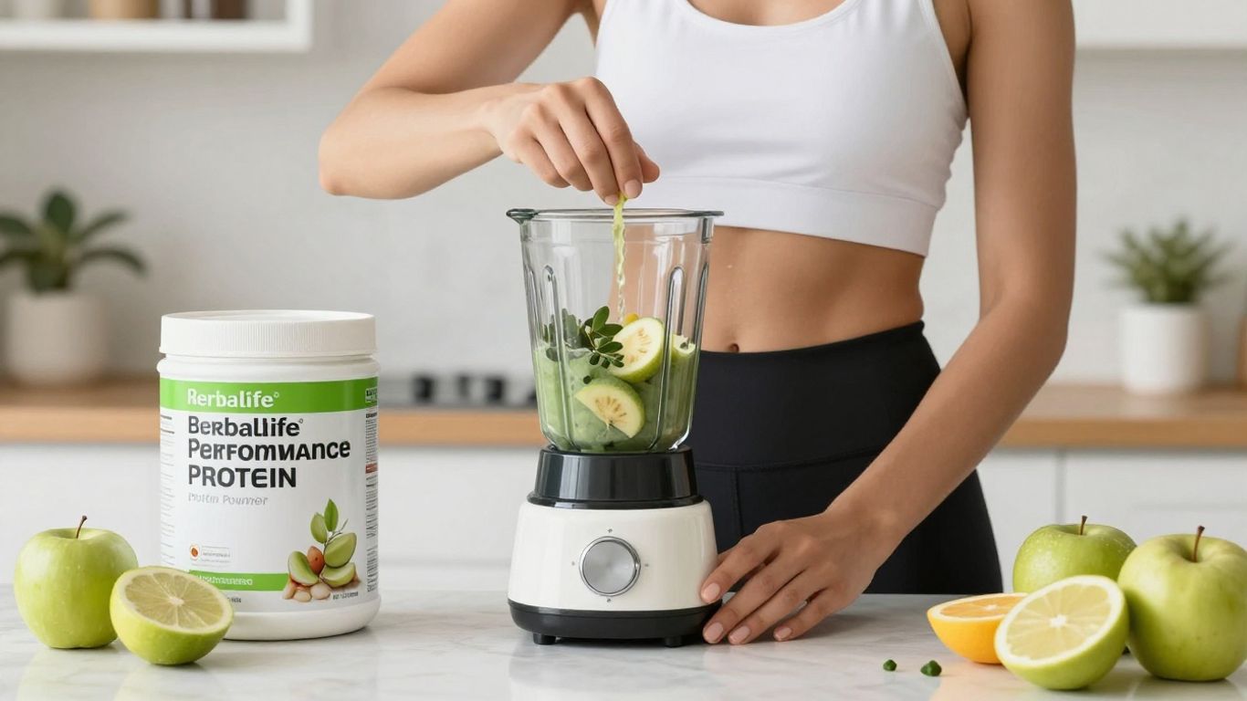 Athlete making Herbalife protein shake in kitchen.