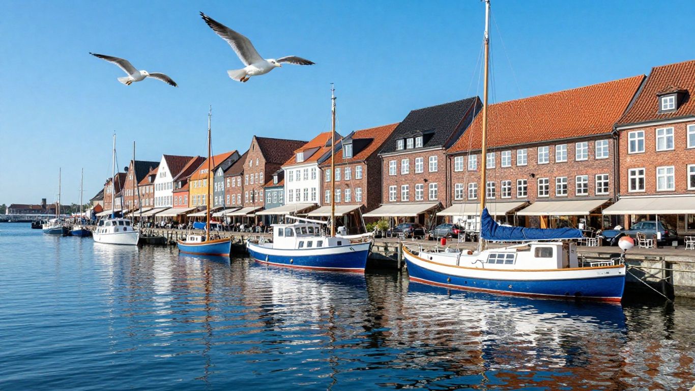 Flensburg harbor with boats and historic buildings.