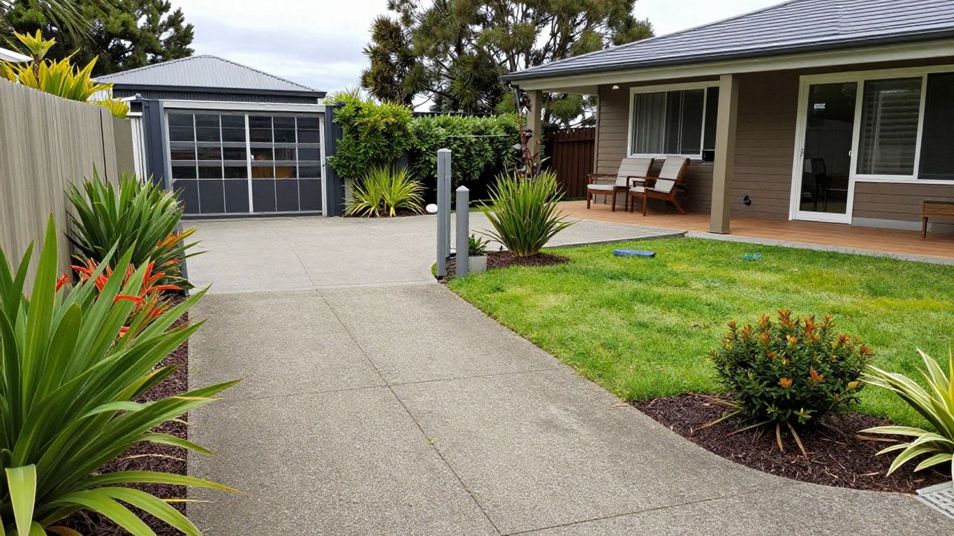Clear garden path leading to outdoor dining area