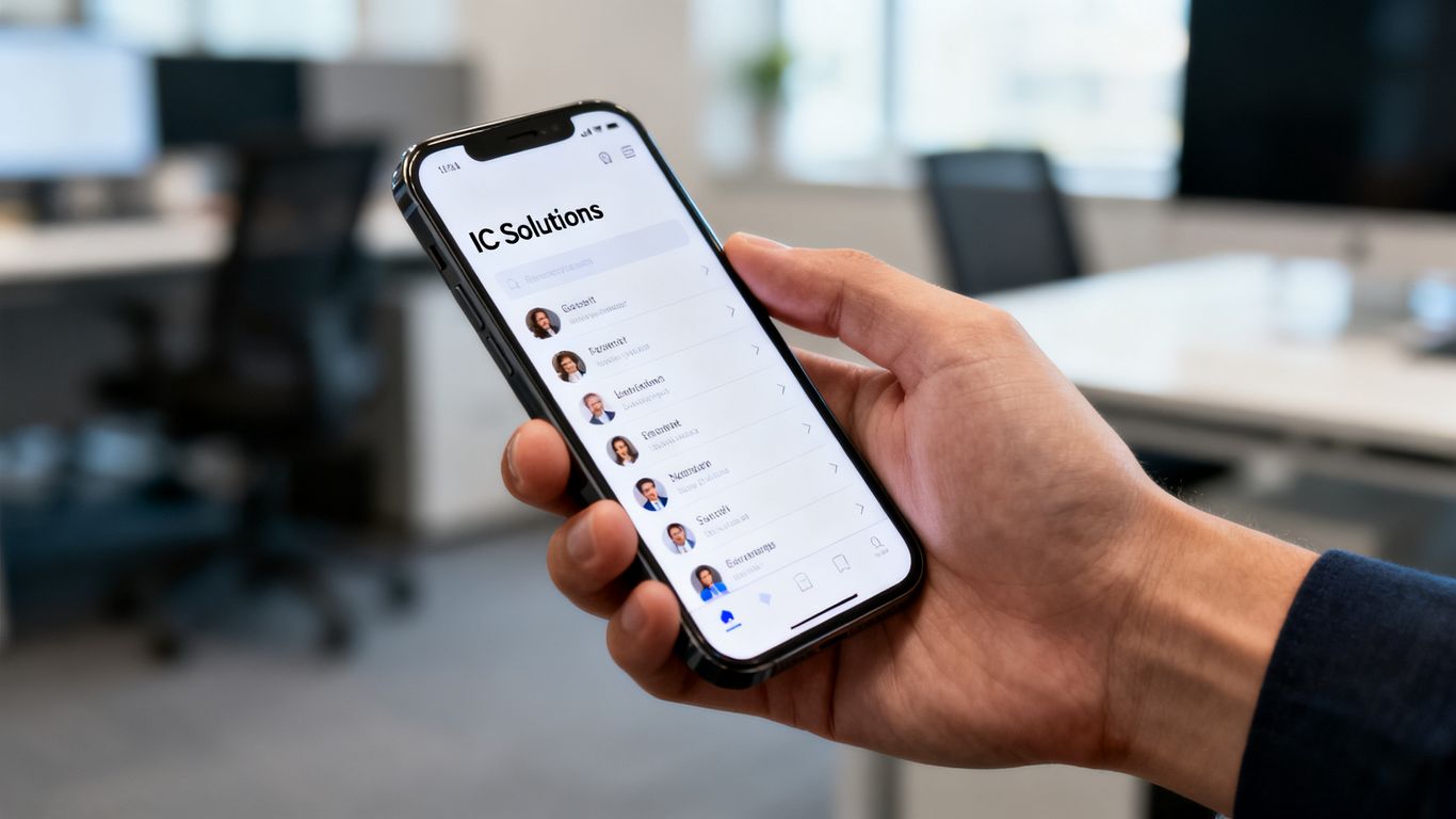 Hand holding phone with IC Solutions contact visible.