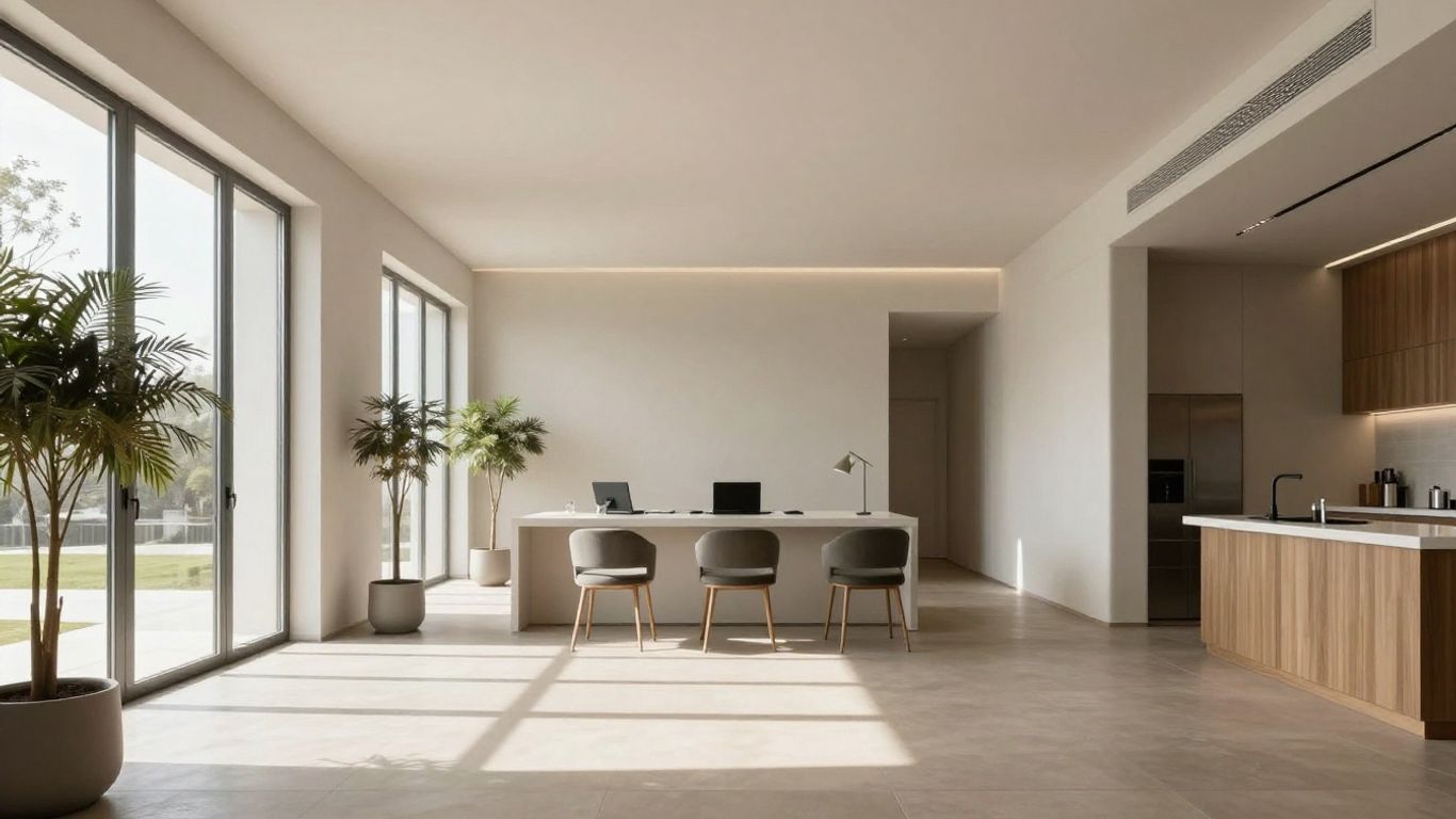 Moderne Architektur mit tiefblauen und warmen neutralen Tönen.