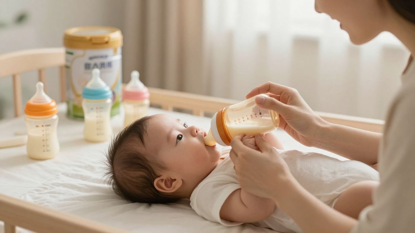 Madre alimentando a su bebé con biberón de fórmula.