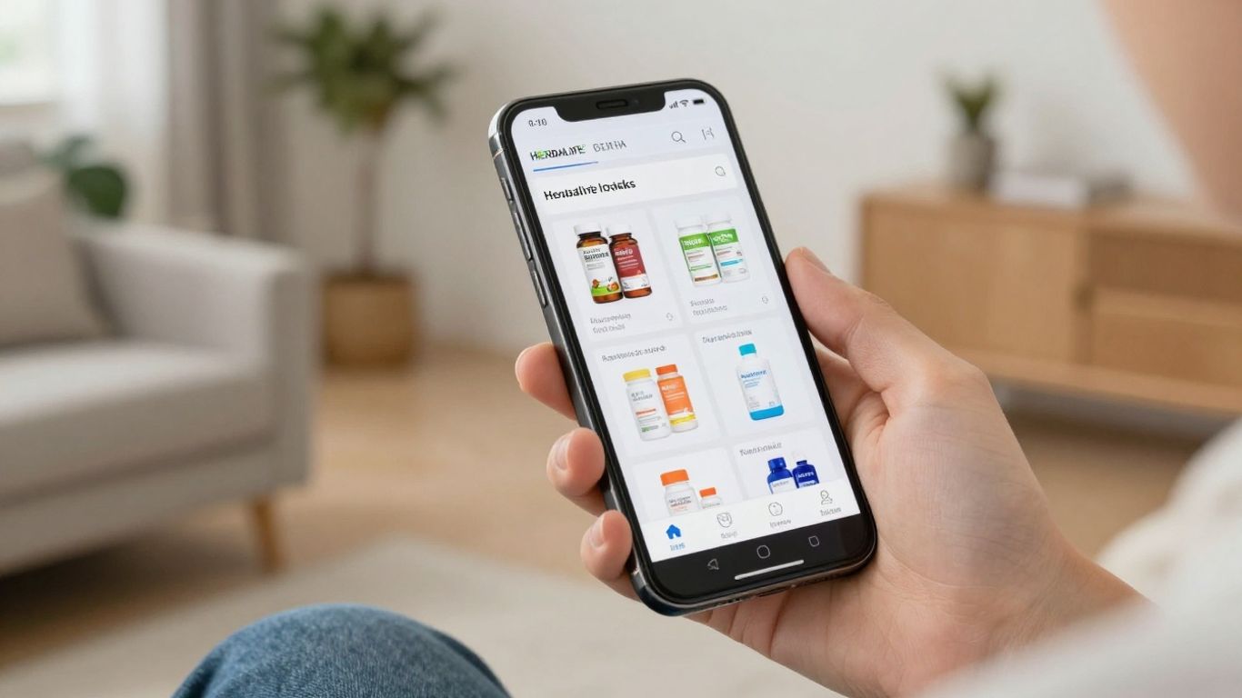 Person shopping for Herbalife products online on a smartphone.