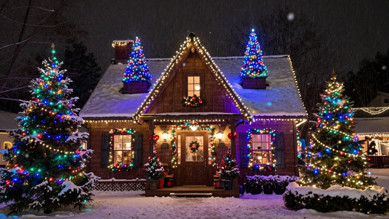 House decorated with colorful Christmas lights at night.