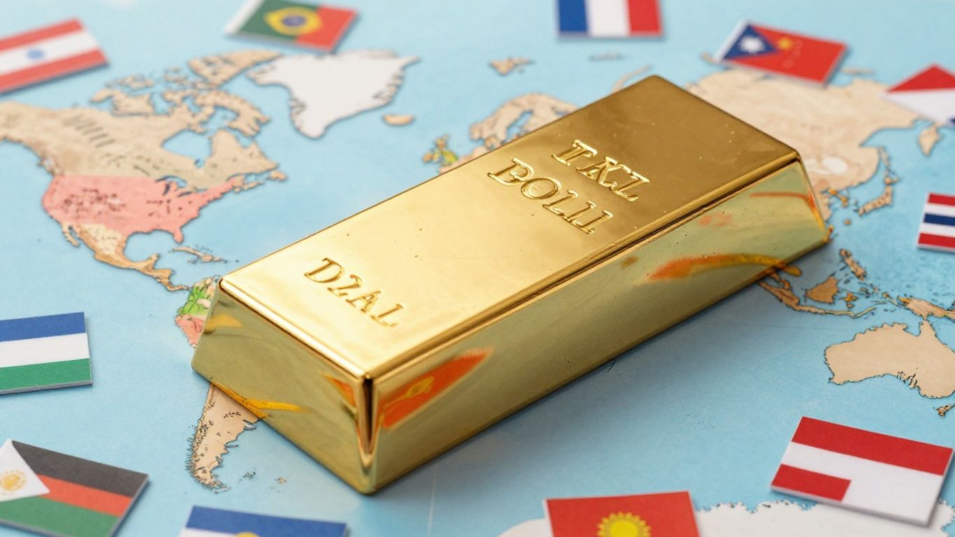 金条背景是世界地图和国旗。