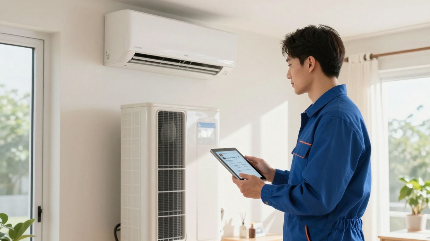 HVAC technician with positive reviews on a tablet.