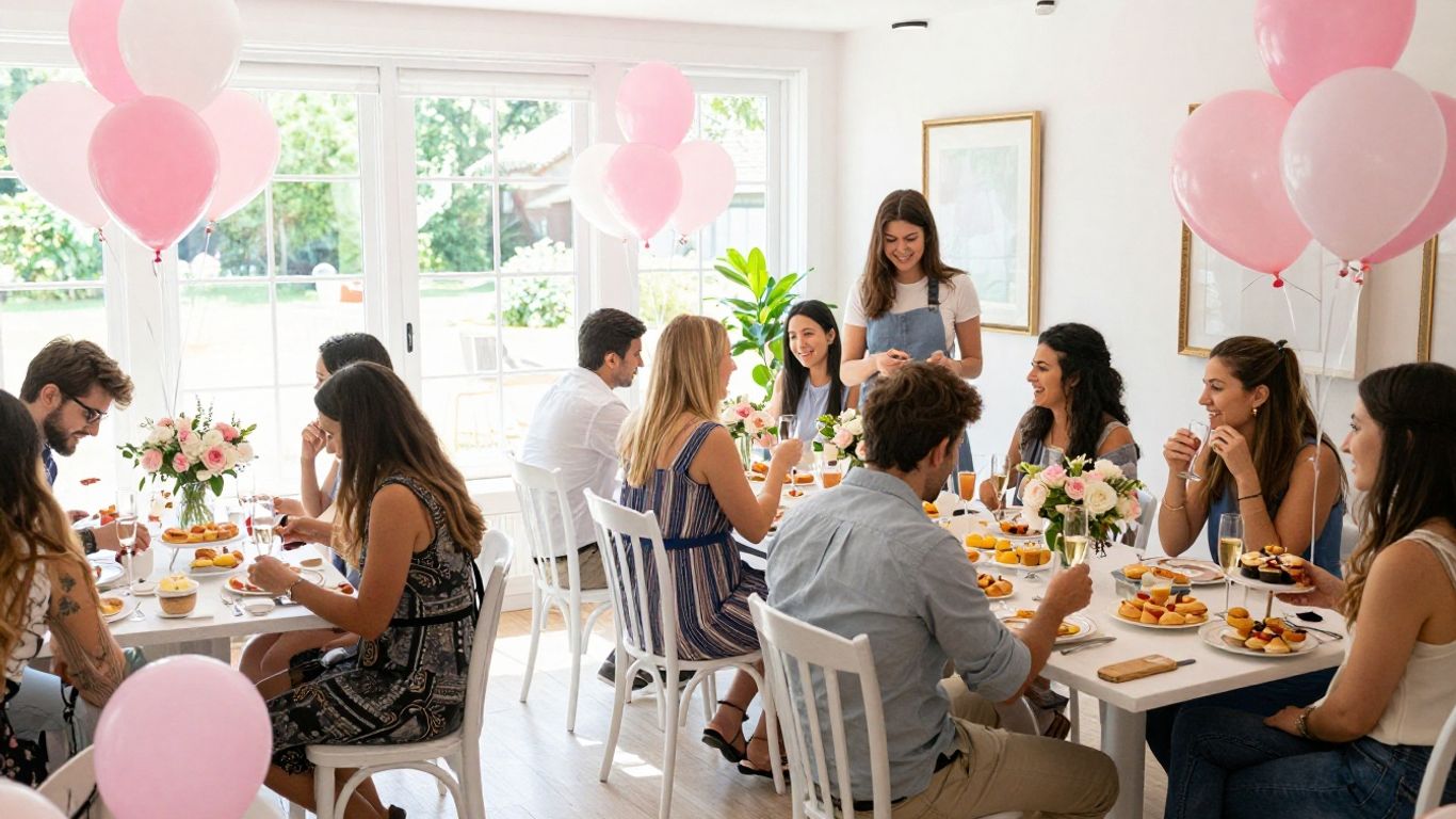 Elegant baby shower venue with balloons, flowers, and happy guests.