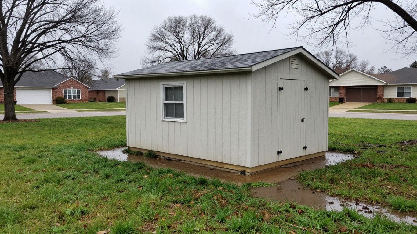 Storage shed with wet yard and drainage after rain