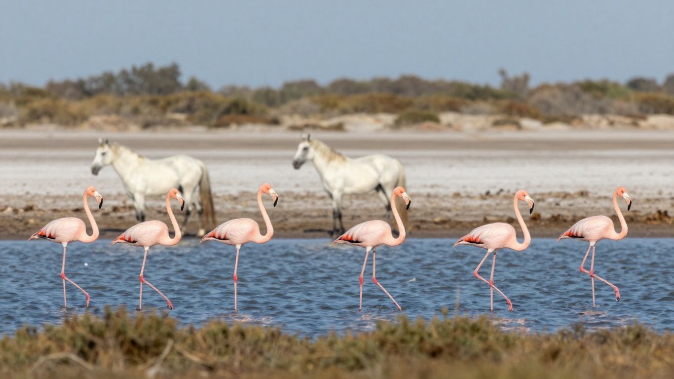 Flamingos and white horses beside coastal lagoons