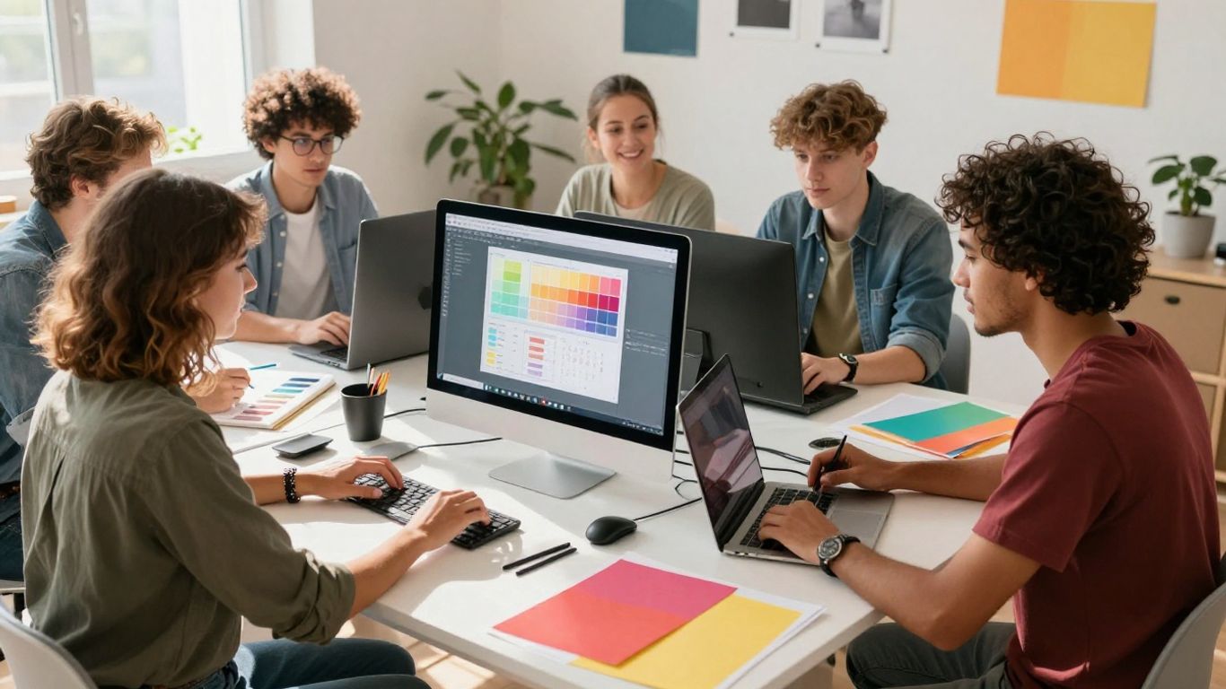Design interns collaborating in a bright, modern studio.