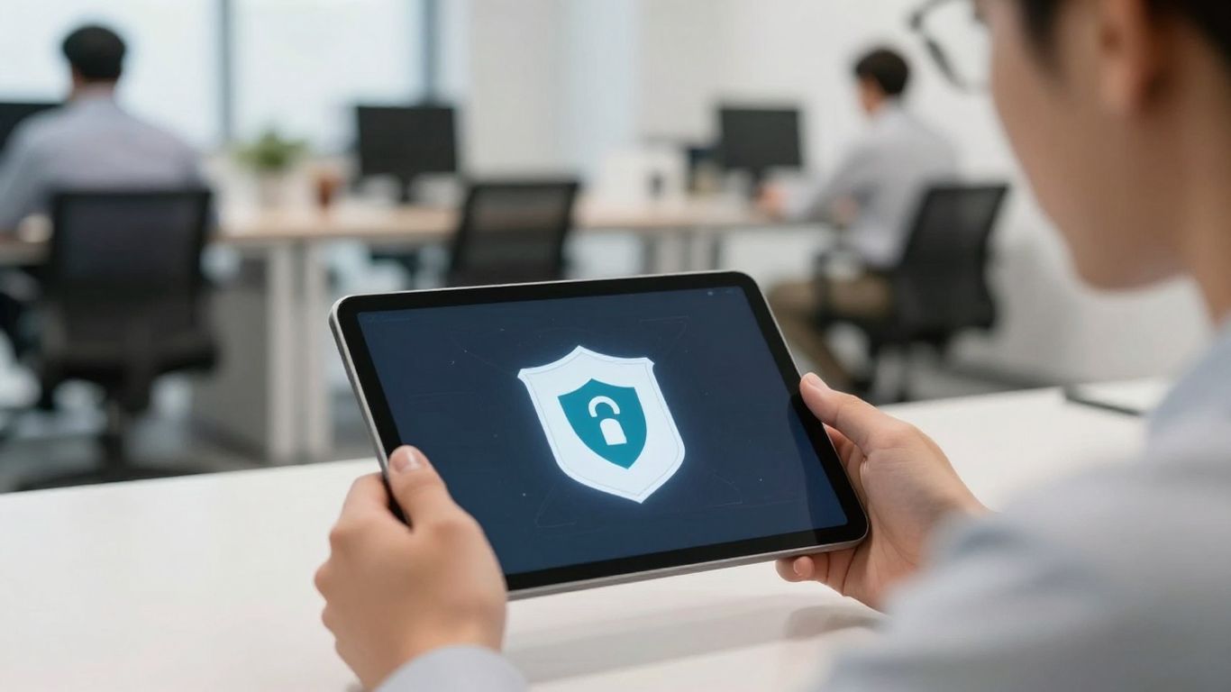 Small business owner with cybersecurity shield on tablet.