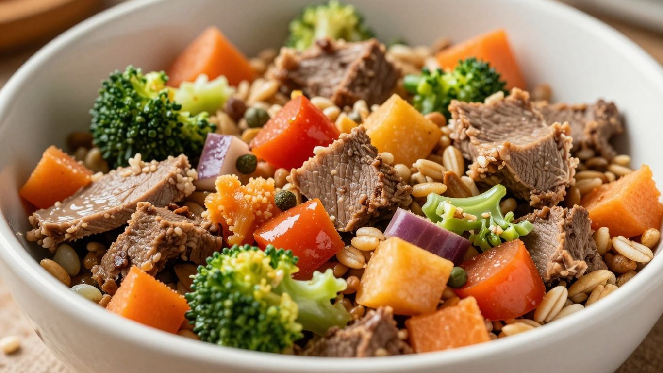 Bowl of 'Boy Kibble' meal with visible ingredients.