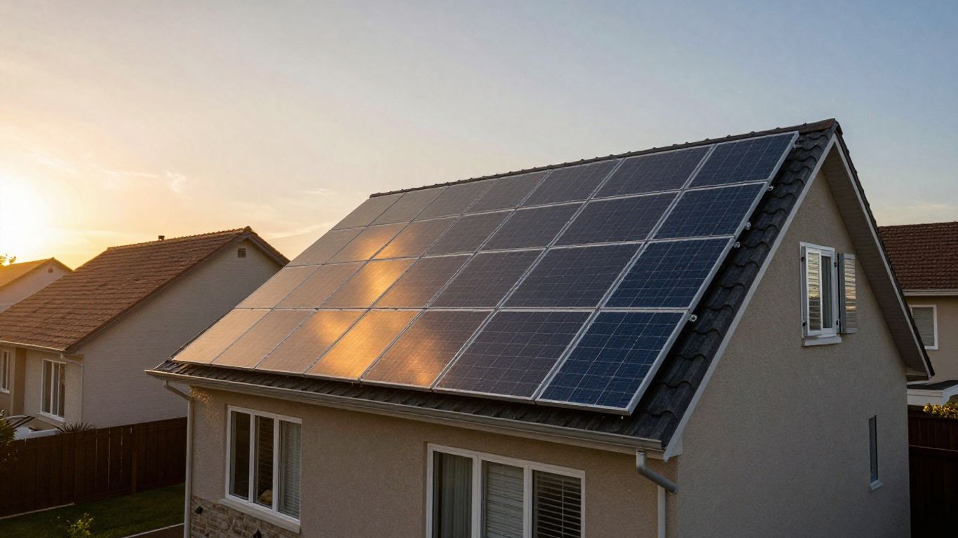 Bright sunset with home solar energy