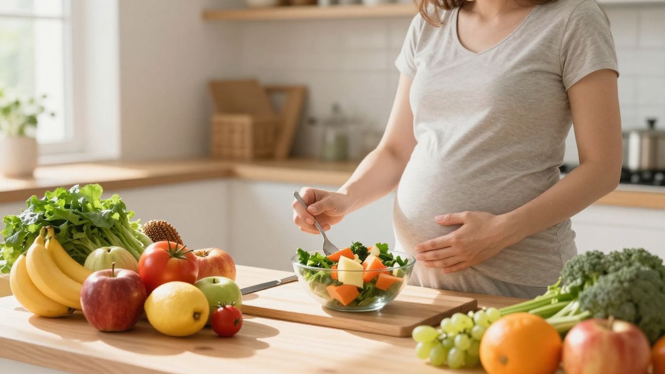 Femme enceinte mangeant des fruits et légumes frais.