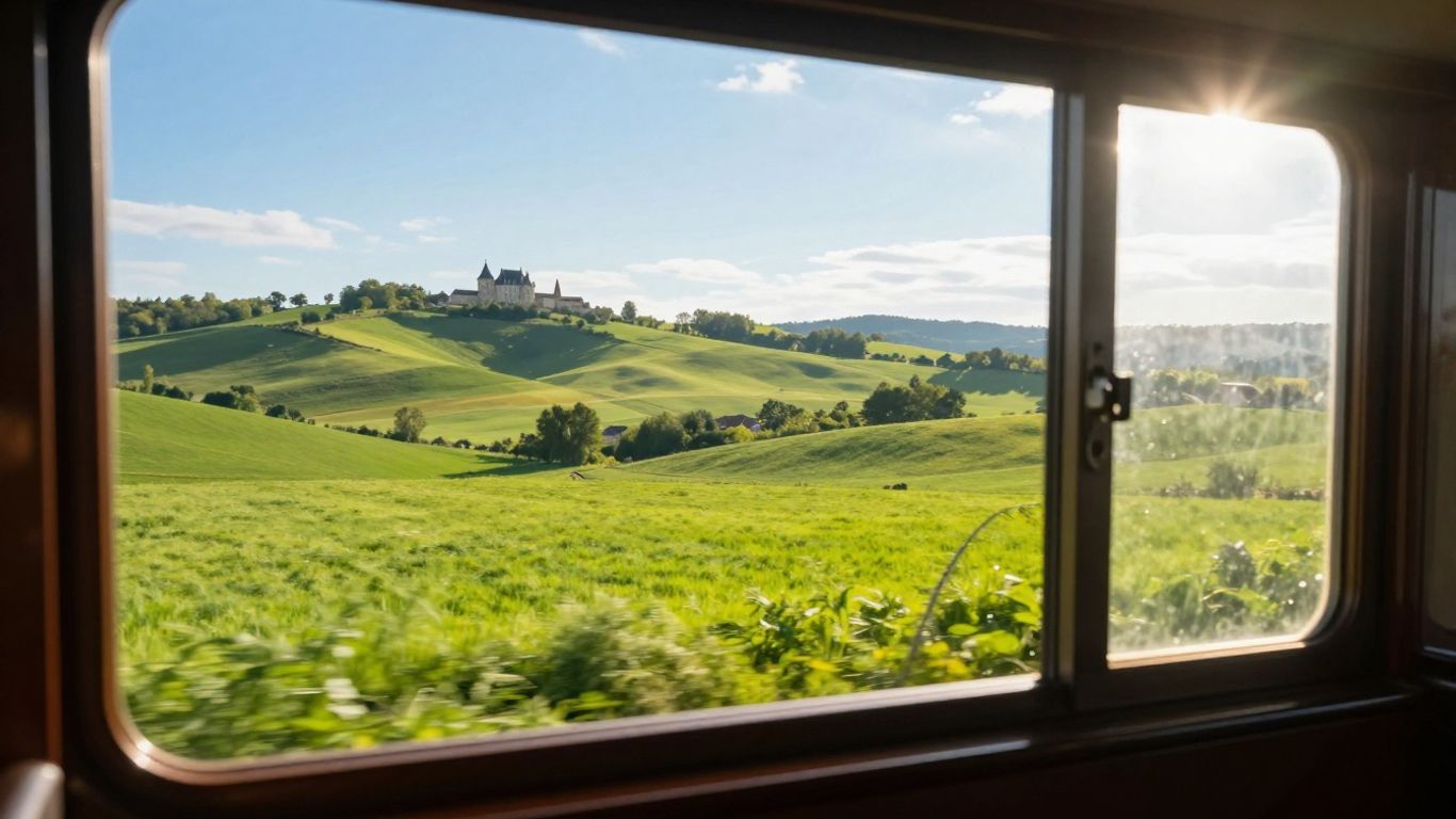 Train window view of French countryside with chateaux.