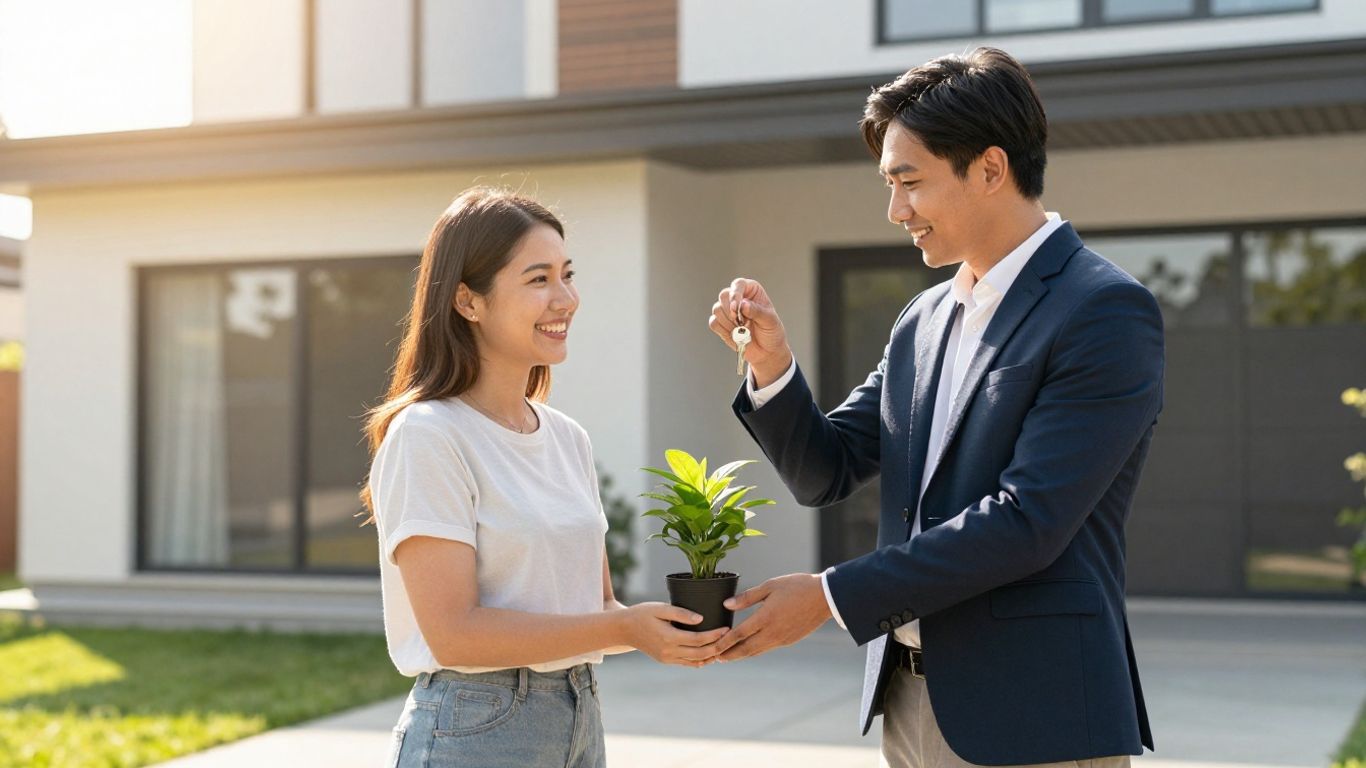 Real estate agent giving house key to happy couple.