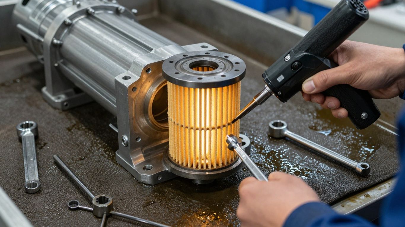 Technician installing a clean gearbox filter