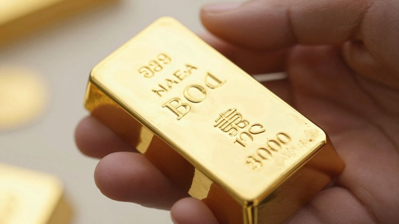 Main d'or tenant une barre d'or brillante.